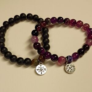 Elegant Black and Purple Beaded Bracelets Compass Charm